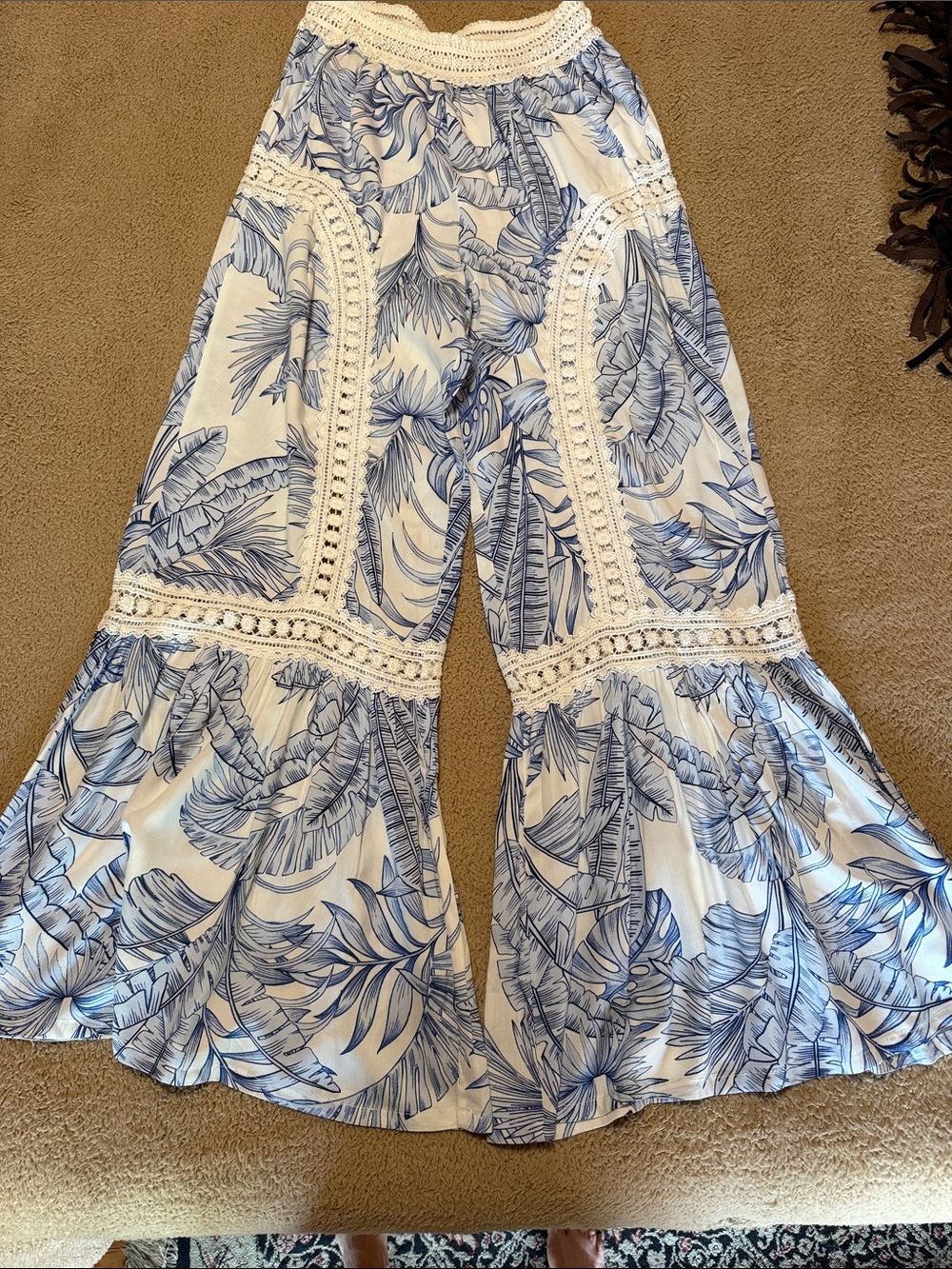 Surf Gypsy White Pants with Blue Tropical Print and Crochet Trim